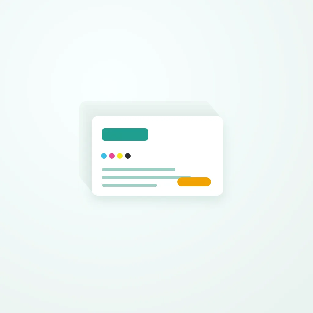 깔끔하게 쌓인 명함 인쇄물 묶음과 CMYK 색상 견본이 놓인 제작 결과 구성